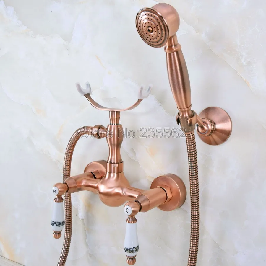 

Antique Red Copper Bathtub Faucet with Handheld Shower Mixer Tap Wall Mounted lna354