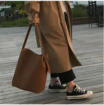

Fashion bucket bag simple large pu leather one shoulder women's handbag female composite bag casual brown/black q-djuy1