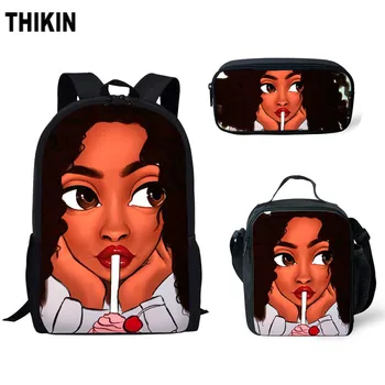 

THIKIN Cartoon Black Art African Girls Print School Bags for Kids 3 Pcs/Set Schoolbag Children Book Bag Large Capacity Mochila