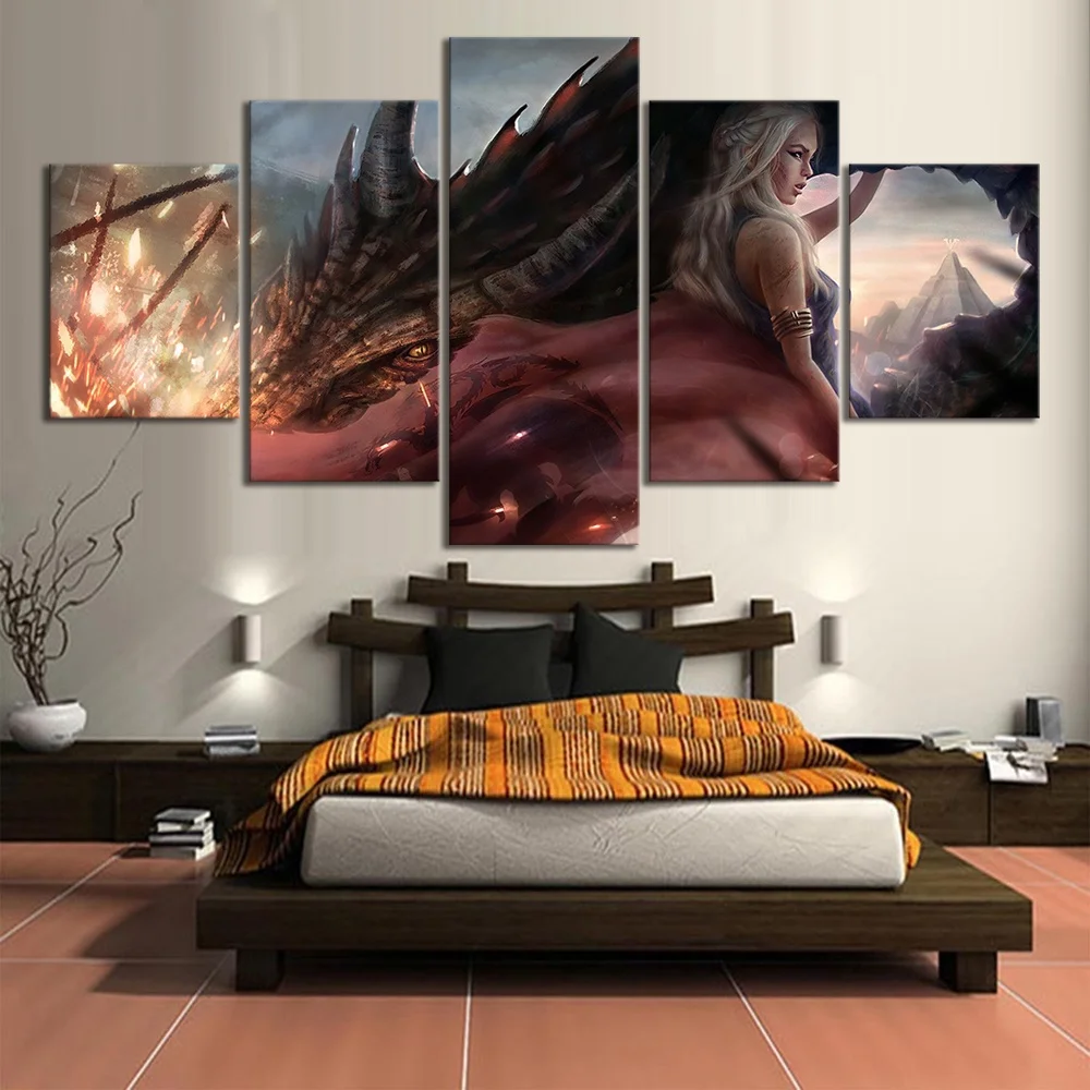 

Canvas Wall Art Hot Game of Thrones Poster Modular 5 Set Sexy Daenerys Targaryen Painting Print Dragon Picture Home Decor Framed