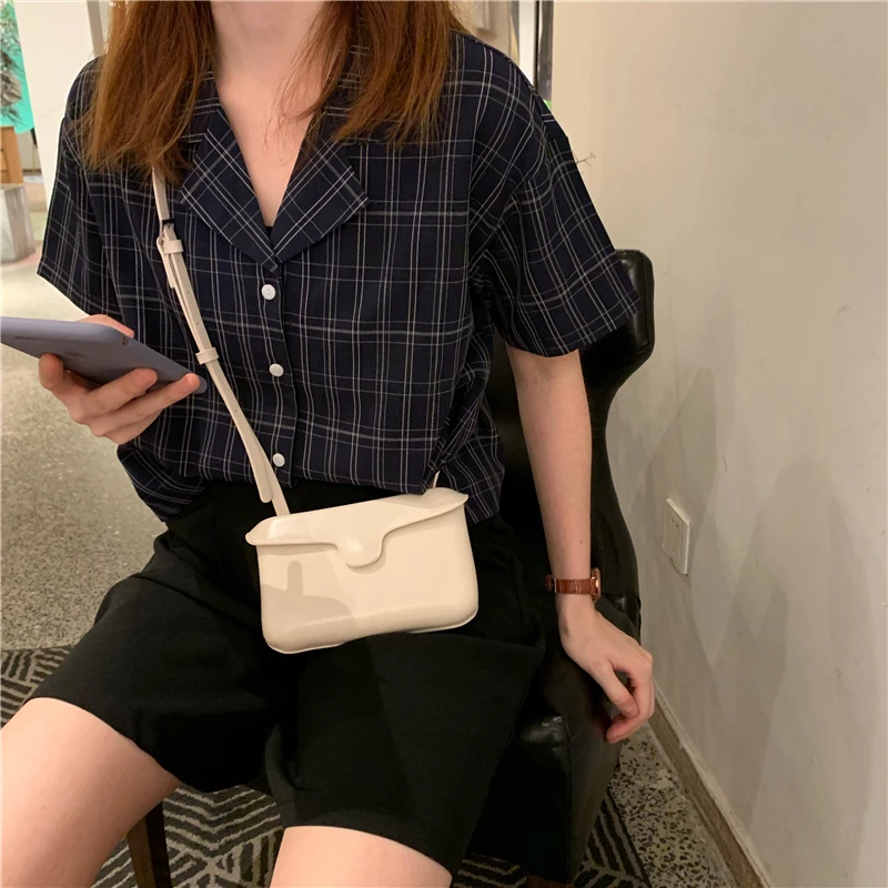 

2 colors plaid blouse shirt korean style notched collar short sleeve blouse summer women tops 2019 (K793)