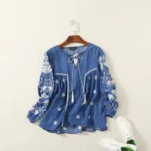 Женщины Этническая Блузка Рубашка Вышивка С Длинным Рукавом Tencel Деним Рубашки Пуловер Джинсы Туника Винтаж Топы Женская Одежда
