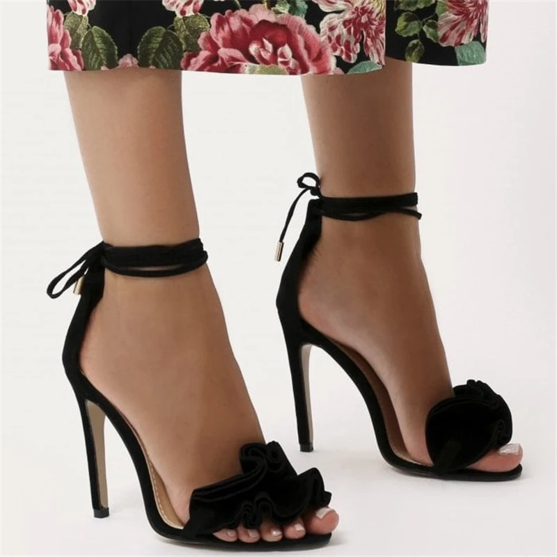 Sugar-Ruffle-Lace-Up-Barely-There-Heels-in-Black-Faux-Suede