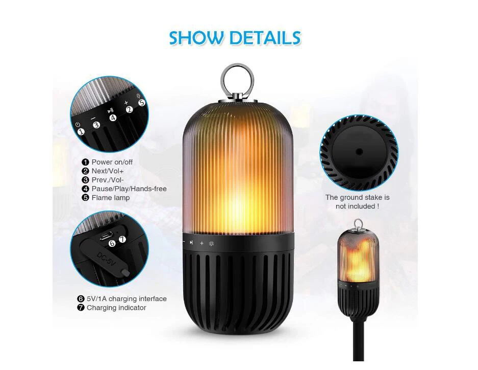Lâmpada de Chama Luz da Noite ao ar Portátil Alto-falantes Bluetooth Festa Estéreo Cintilação Livre Acampamento Alto-falante Led Luz 5 Lâmpada de chama led portátil alto falantes