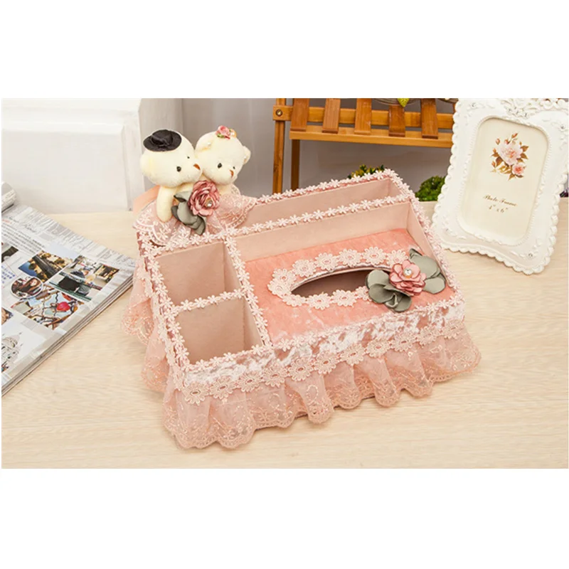 

2019 New Arrival Europe Style Modern Fashion Napkin Holder Pink Pure Color Lace Decoration Tissue Box Storage Appliance Bear2