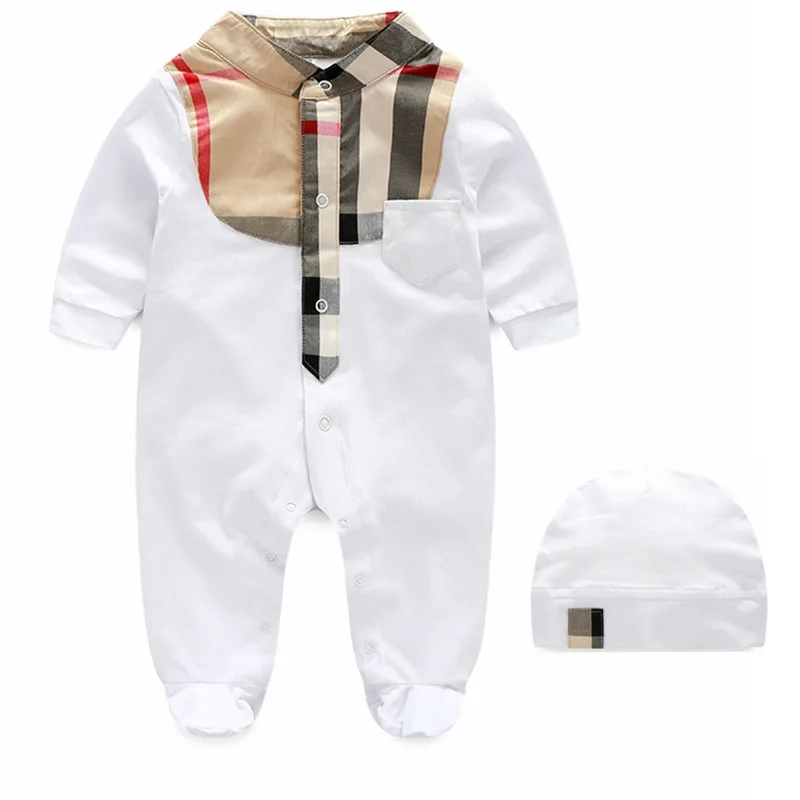 

New Handsome baby boys cotton plaid rompers hat set cute infant jumpers summer kids wear infant casual overalls 16N1103