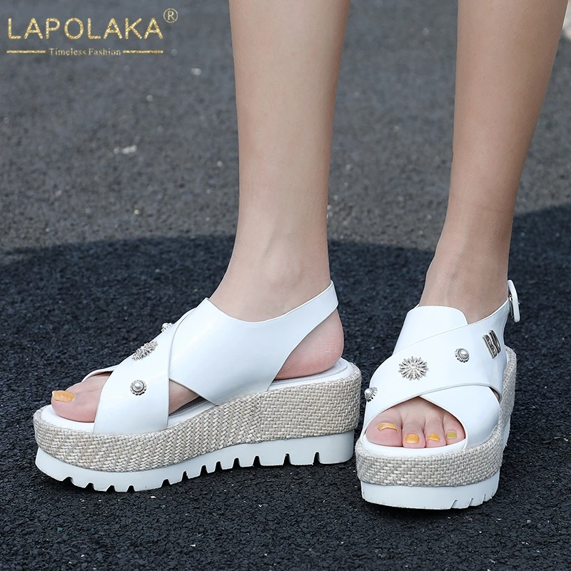 

LAPOLAKA New Fashion big Size 33-43 Cow Patent Leather Sandals Women Summer Platform Sandals Women Shoes Woman