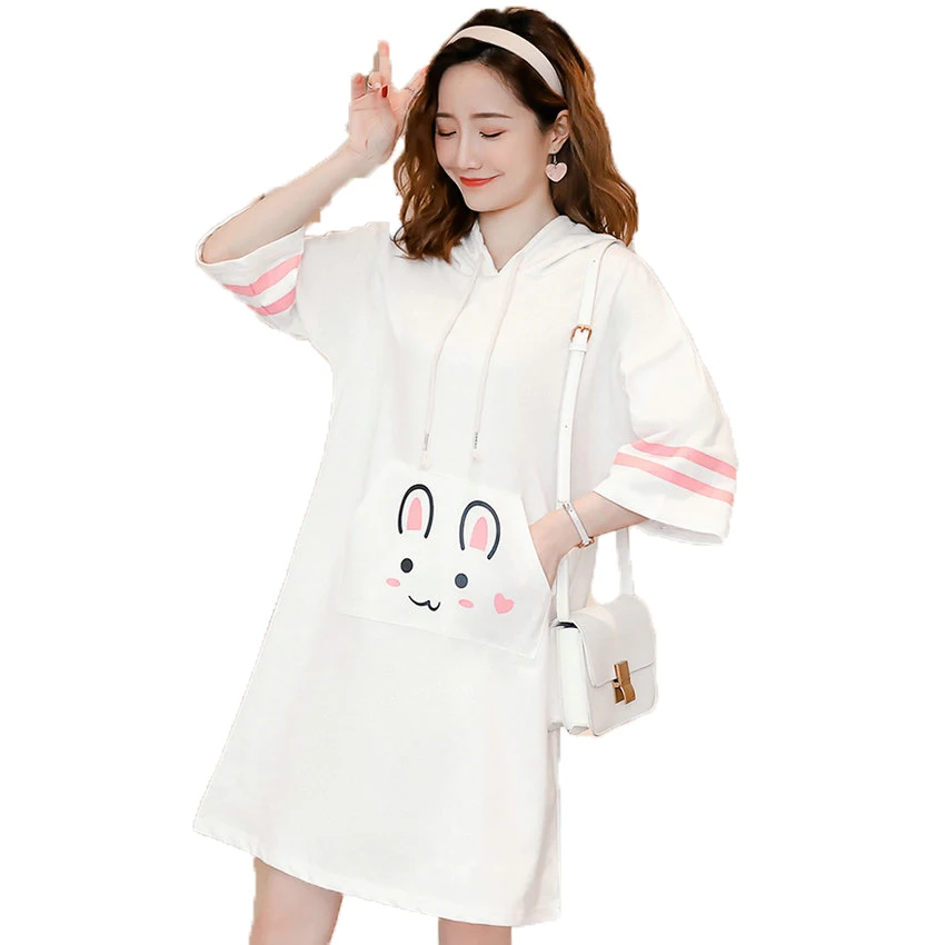 

Woman Casual Sweat Dress White Pink Rabbit Pattern Dresses Women Comfort Hooded Dress Half Sleeve Vestidos Leisure Robe Femme
