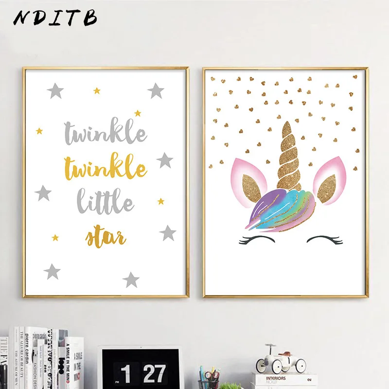 hot sale nditb nursery canvas wall art poster cartoon unicorn print baby girl poster