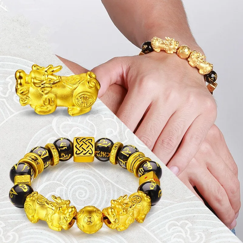 Gold Color Brave Troops Stone Beads Bangles Bracelet 6 Words Chinese Lucky Enegry God Beast Pixiu Bracelet Dropship Jewelry Gift