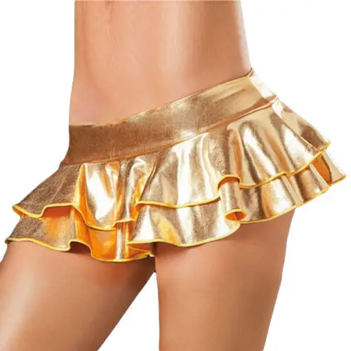 

Sexy Women's Metallic Shiny Mini Skirts Solid Ruched Elastic Waist Party Short Skirt