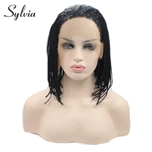sylvia 1b black short straight micro braided synthetic lace front wigs black bob hairstyle braiding heat resistant fiber hair