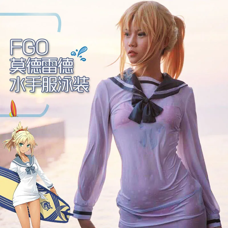

Japanese Anime FGO Fate/Apocrypha Mordred Cosplay Costume Sailor Suit Bikini Dress Summer Sexy Women Pool Party Swimwear