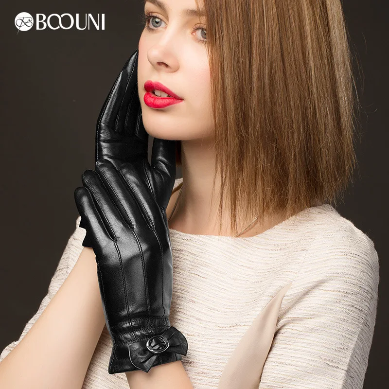 BOOUNI Genuine Leather Gloves Fashion Women  Sheepskin Glove Black Bow Winter Leather Driving Gloves Hot Trend NW216