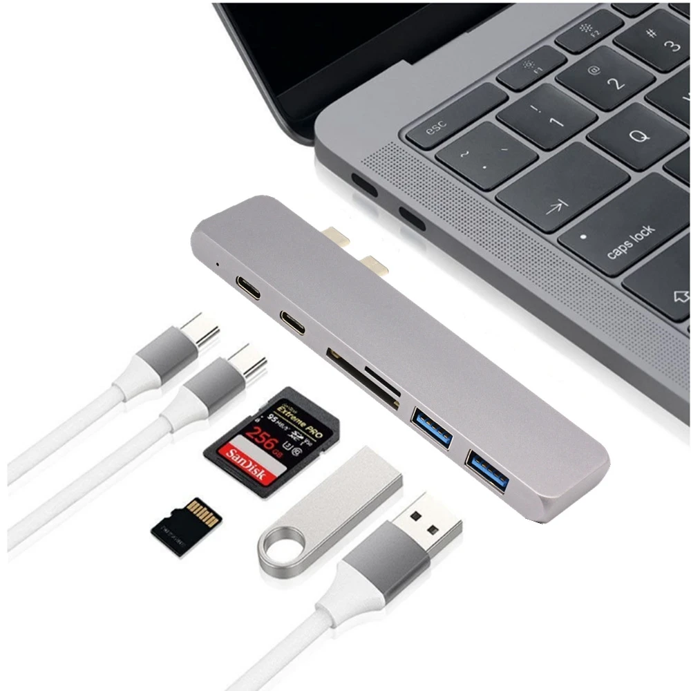 

Double head TYPE-C to 2xUSB3.0 HUB+SD/TF card reader + USB-C data + PD charging + HDMI 4K,for MacBook Pro 2017/2016 13" 15"-Gray