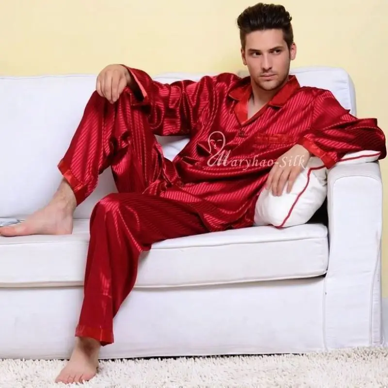 Мужские шелковые пижамы набор Pajams пижамы длинный комплект пижамы Loungewear S~ 4XL плюс в полоску - Цвет: Red  Strip