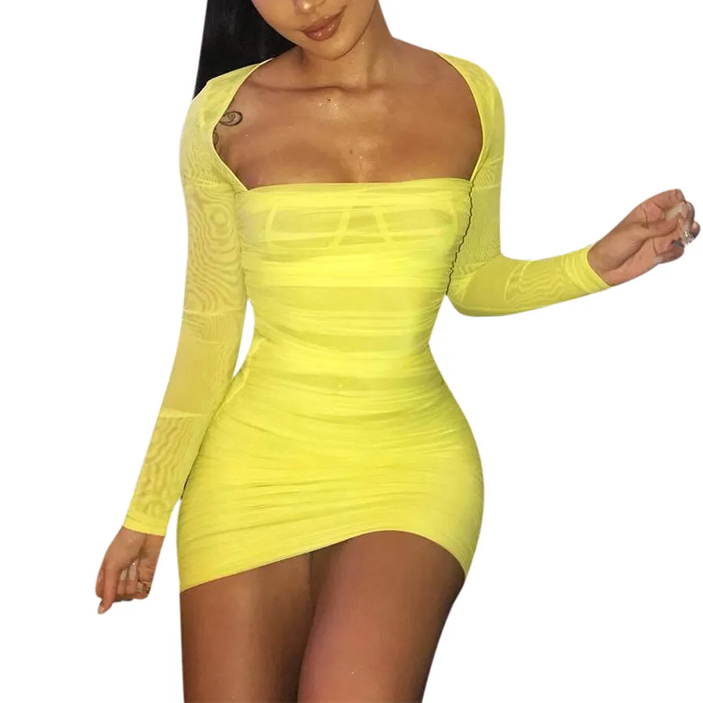 Модные женские пикантные однотонные квадратный воротник с длинным рукавом Bodycon
