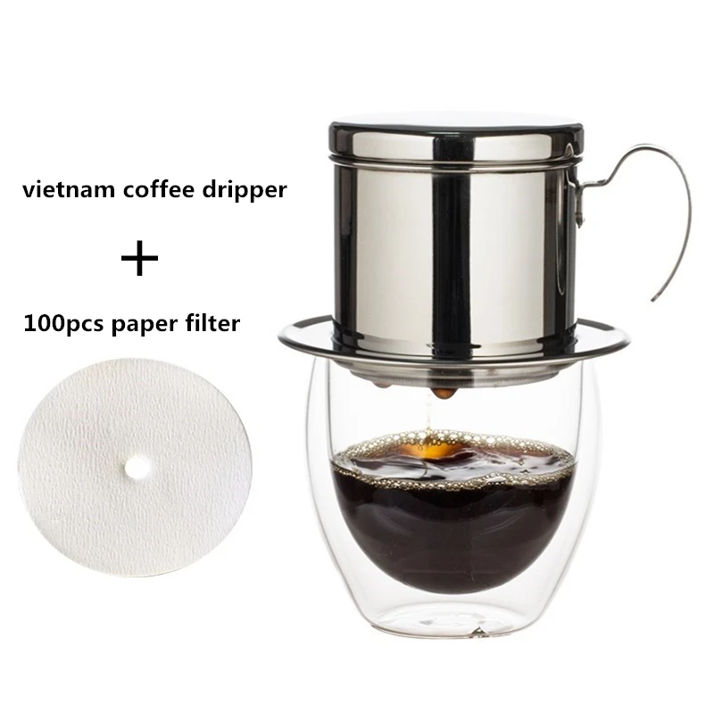 Kopen Rvs Vietnam Koffie Druppelaar Filter Pot En 100 Stuks Papieren Filter Set Vietnam Drip Pot Filter Kopje Koffie Filter gereedschap