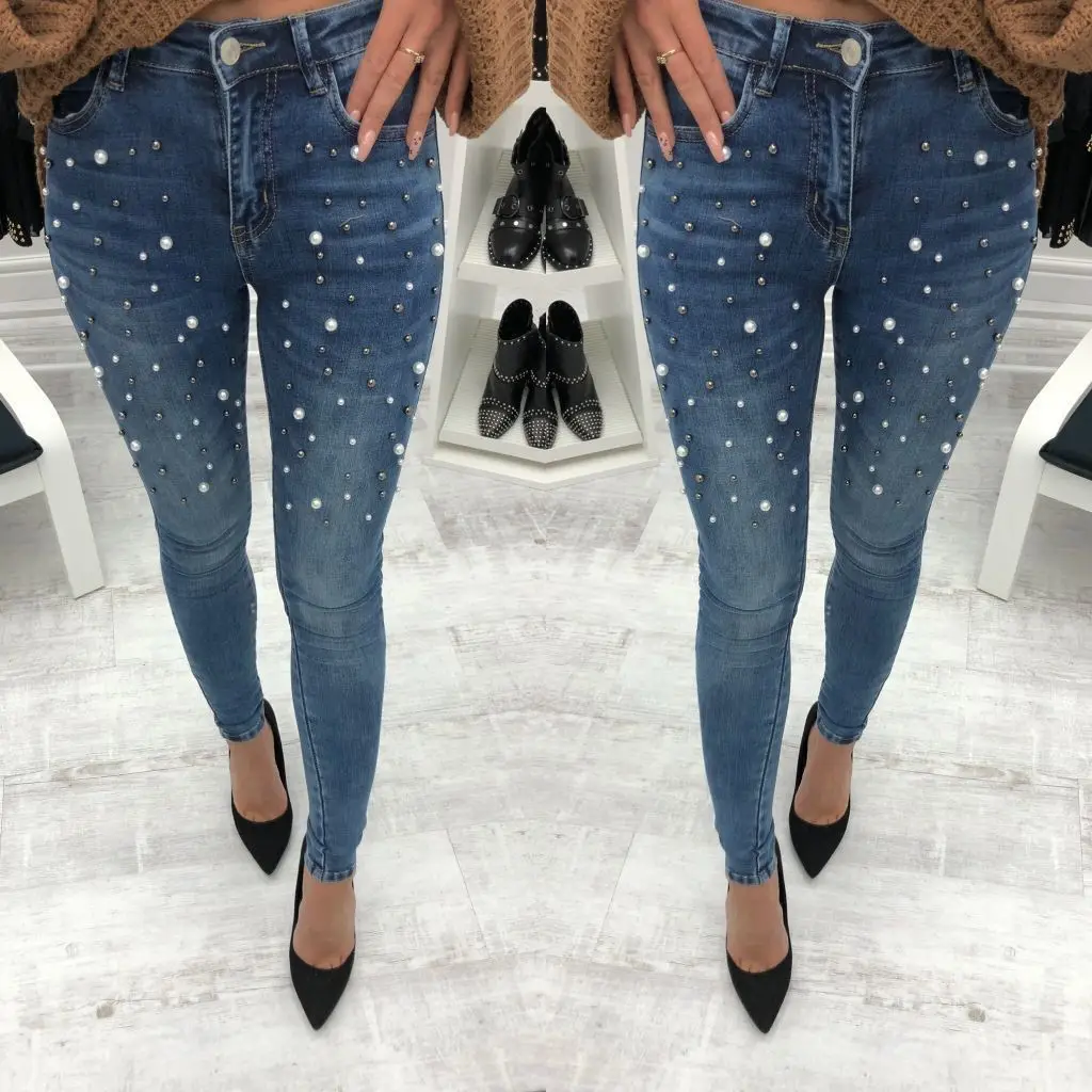 Новое поступление женские Знаменитые женщины рваные, Стретч Тонкий бисер узкие джинсовые длинные брюки джинсы модные ферменские джинсы карандаш брюки - Цвет: Синий