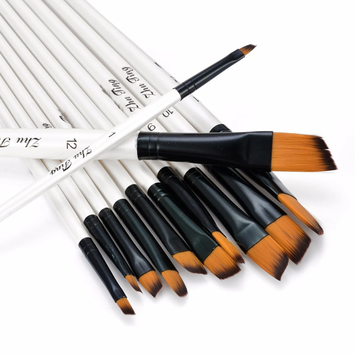 12PCS Artist Paint Brushes Set Acrylic Oil Watercolor Painting Oblate/Oblique Nylon Hair Brush Wood Handle School Art Supplies