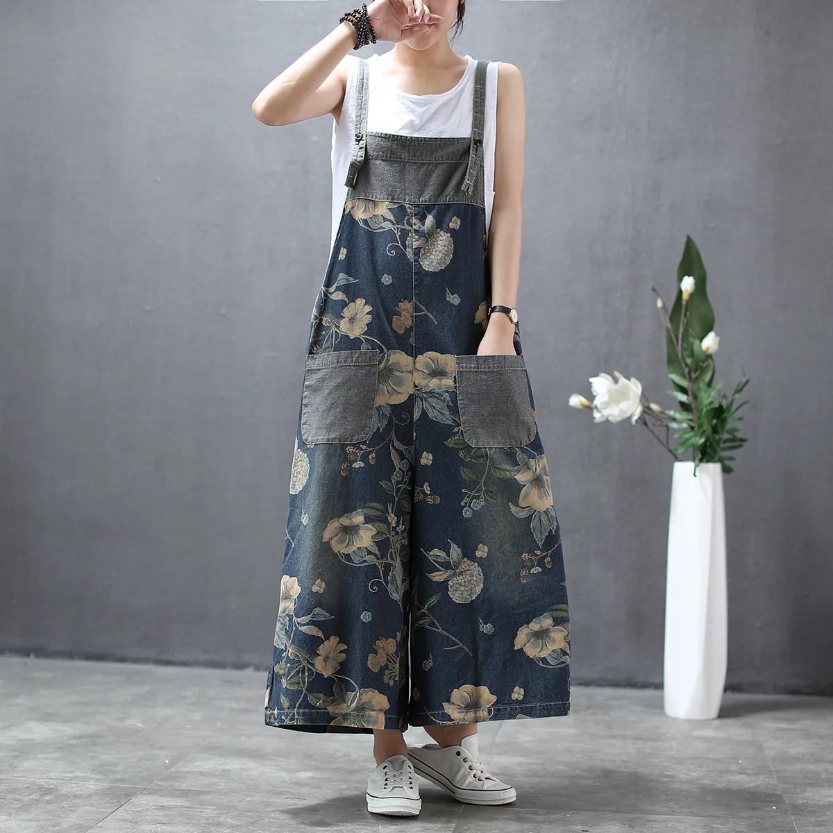 

Summer Denim Jumpsuit Women Floral Printed Loose Wide Leg Wild Casual Overall Female Fashion Plus Size Lady Jumpsuits