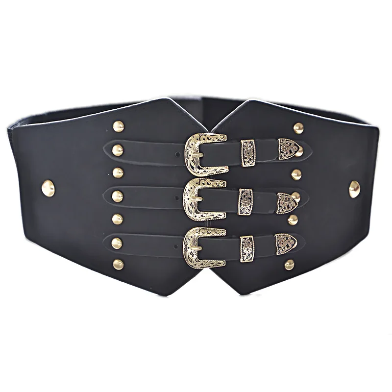 

LEAYH Brand Lady Elastic Waist Sealing Cummerbunds Vintage Alloy Button Imitation Genuine Leather Belts