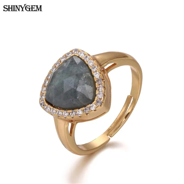 ShinyGem Natural Black Labradorite Stone Ring Big Labradorite Cabochon Fashion Love Ring Adjustable Gold Wedding Rings For Women