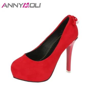 

ANNYMOLI Women Pumps Extreme High Heels Pearl Shoes Thin Heel Platform Party Shoes Bow 2018 Spring Sexy Shoes Red Big Size 33-42