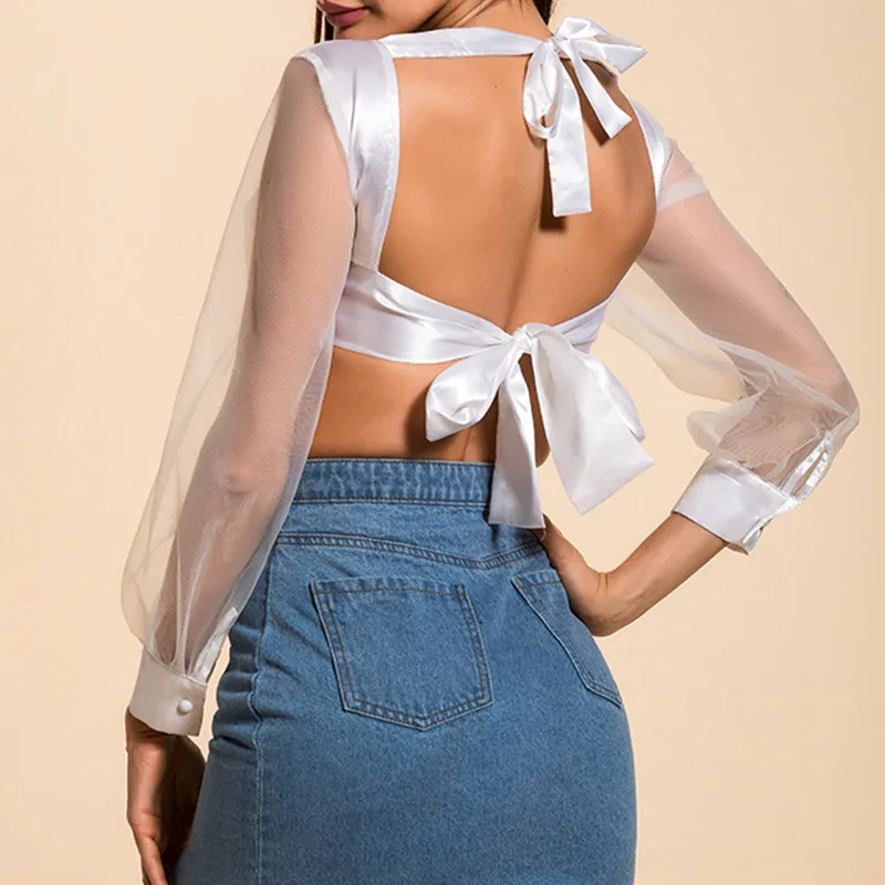 Cropped Mesh Backless See Through Women Blouse Tops Sexy White Long Sleeve Lace Up Bow Tie Womens Tops Blouses 2019 Summer Shirt