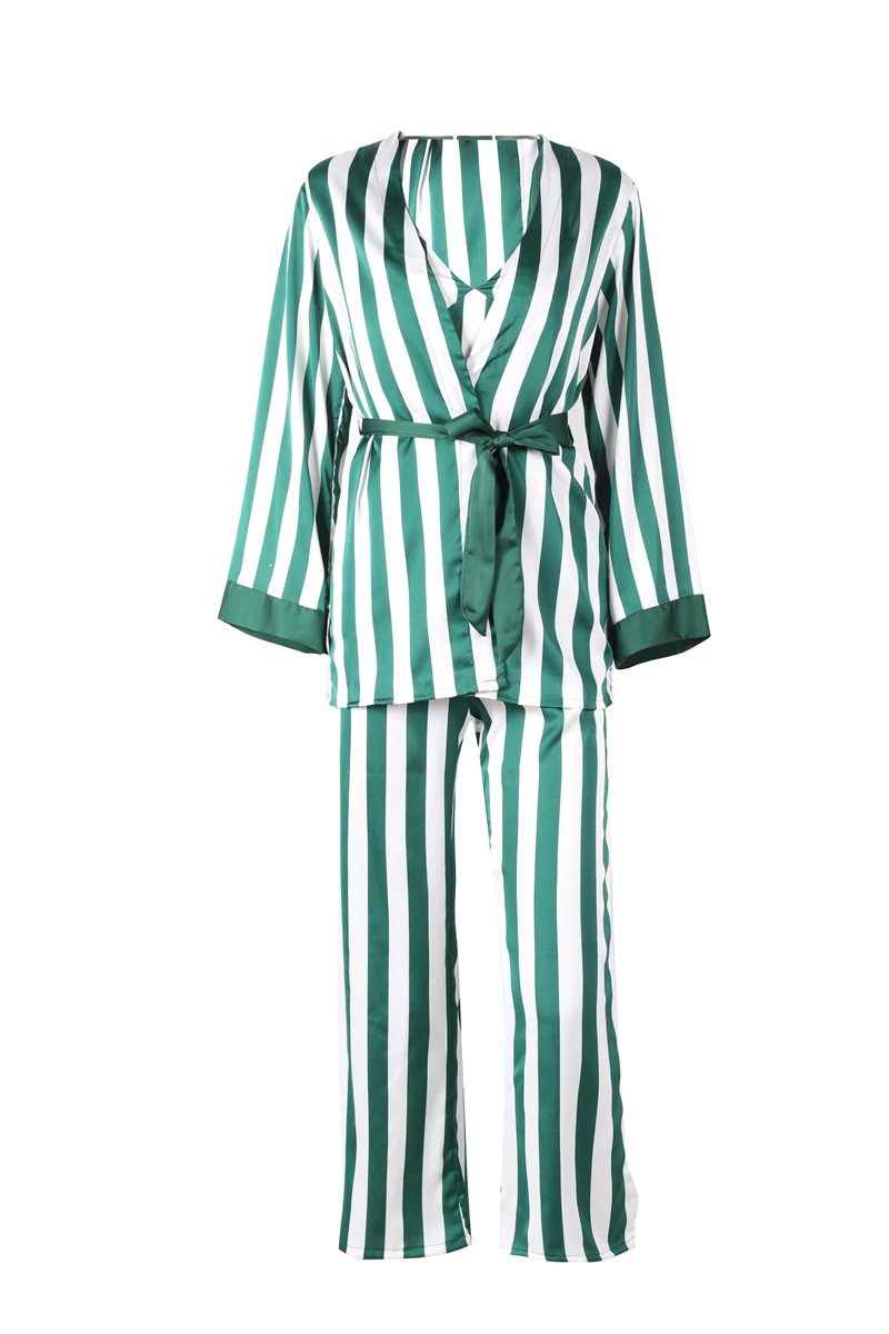 Женская одежда для сна на тонких бретельках, атласный полосатый халат с v-образным вырезом, камзол, штаны, комплект из 3 предметов, женские пижамные комплекты, Осенние