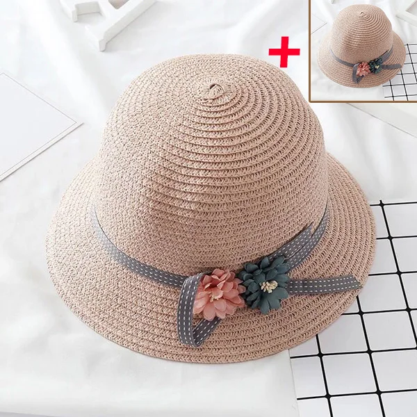 hat pink sakura Высокая 2 шт женская соломенная шляпа с бантом и цветочным принтом с широкими полями, шапка для родителей и детей для пляжа, DOG88 - Цвет: hat pink sakura