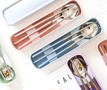 

3 Pcs Spoon Fork Chopstick Set Stainless Steel Chopsticks Tableware Set Portable Gift Box Adult School Travel Picnic Cutlery Set