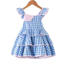 Новинка года; голубое платье в клетку для маленьких девочек; милые платья с оборками и рукавами-крылышками; детская одежда