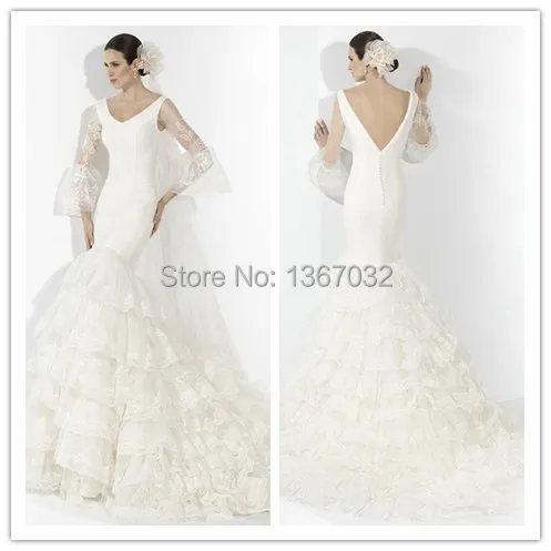 Free shipping -New Arrivals V Neck Lace Sleeve Bridal Dress Court Train Floor Length Open Back Wedding Vestido De Noiva Ne | Свадьбы и