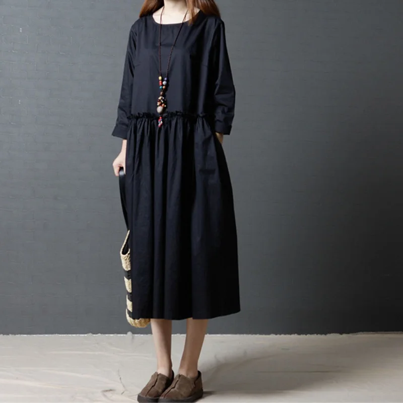 Женское длинное свободное платье NYFS однотонное из хлопка и льна осень 2020|fashion long