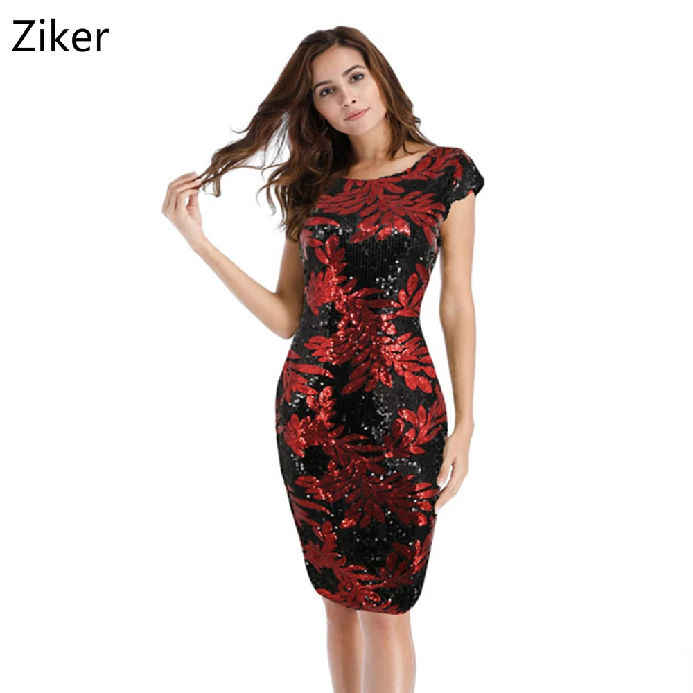 

New Fashion Summer Women Sequins Dresses Short Sleeve O-Neck Backless Slim Bodycon Pencil Dress Knee Length Casual Work Dress