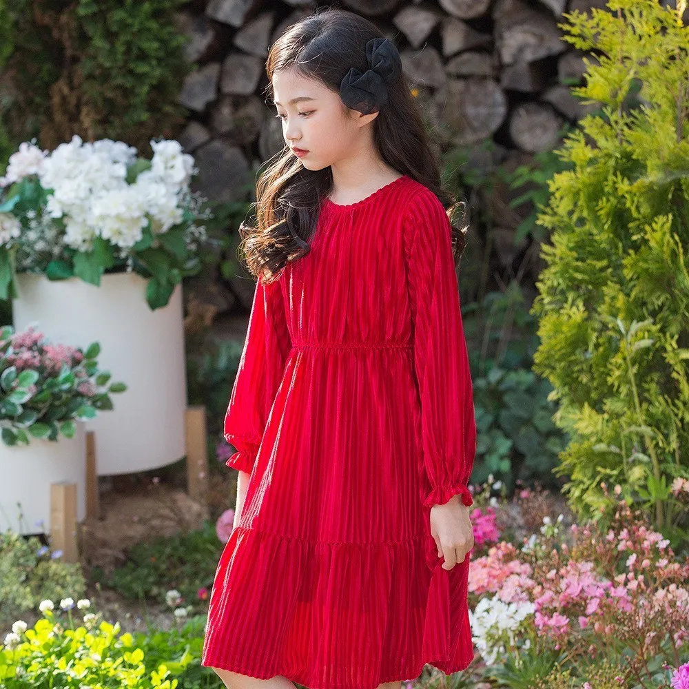 

A-line Full Sleeve Princess Dress Girls Red Pink Petal Sleeves Princess Dresses For Girls Spring Autumn Teenage Kids Clothing