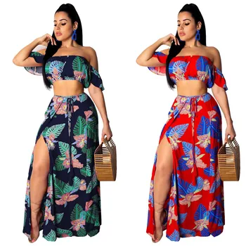 

Two Piece Sets Ruffles Slash Neck Crop Tops and Split Long Skirts 2020 Women Summer Floral Printed Boho Beach Sundress Outfits