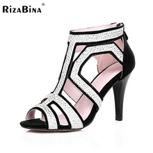 RizaBina women real genuine leather fretwork peep toe high heel sandals sexy fashion brand lady heeled shoes size 30-45 R6918