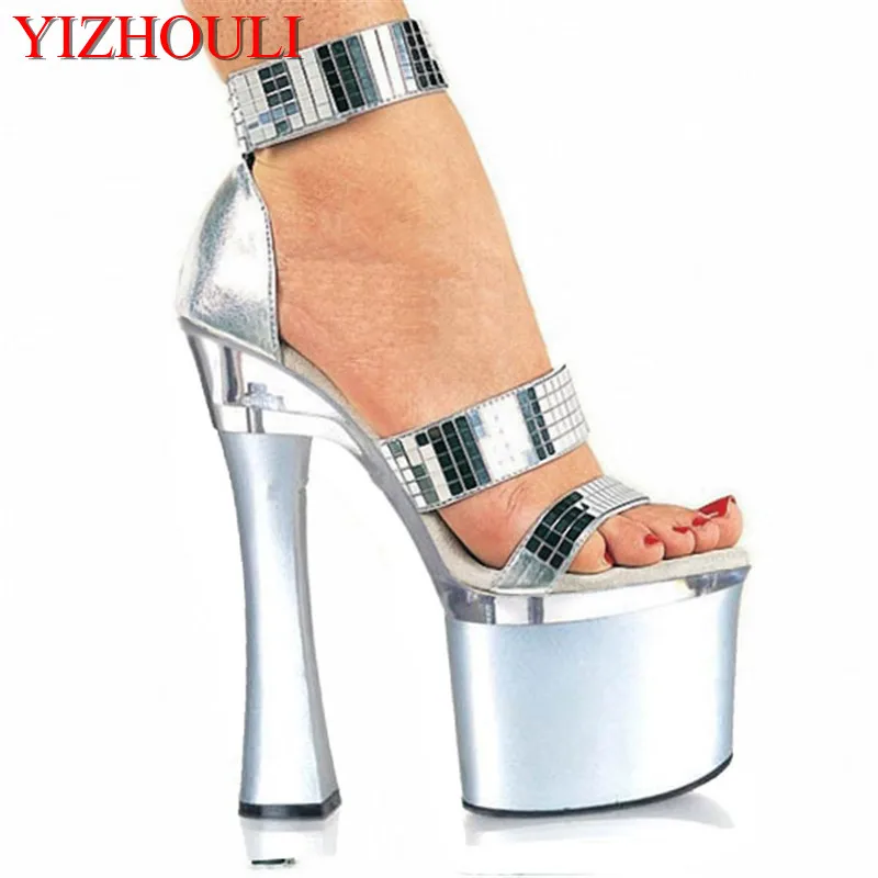 

Summer 7 inch high heel shoes for women pole dancing sandals 18cm silver Platform Strappy High Heels Party Shoes