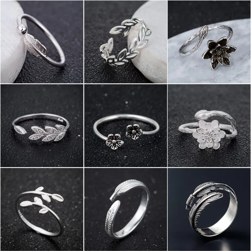 

SMJEL Women Wedding Ring 925 Silver Leaf Feather Rings for Women Men Vintage Flower Ring Jewelry anillos mujer