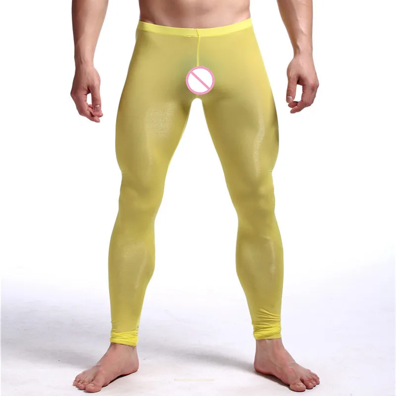 Сексуальные мужские прозрачные брюки, шелковистые колготки, молочные волокна, леггинсы, брюки, кальсоны, нижнее белье, u-образные выпуклые карманы, мужские борцовские майки - Цвет: Yellow