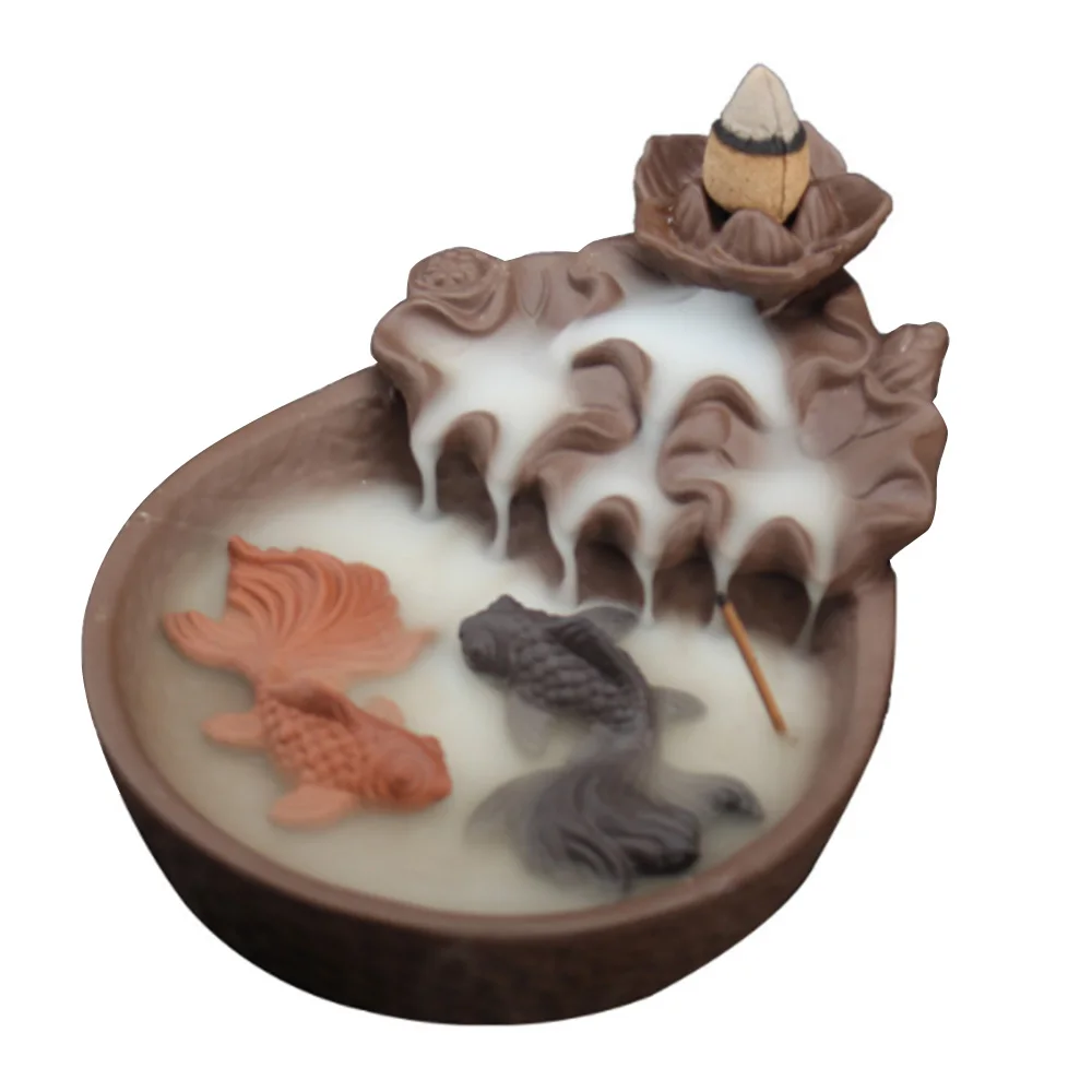 

Purple Clay Back Flow Smoke Incense Burner Creative Tai Chi Incense Holder Goldfish Cense Base for Living Room Home Decoration