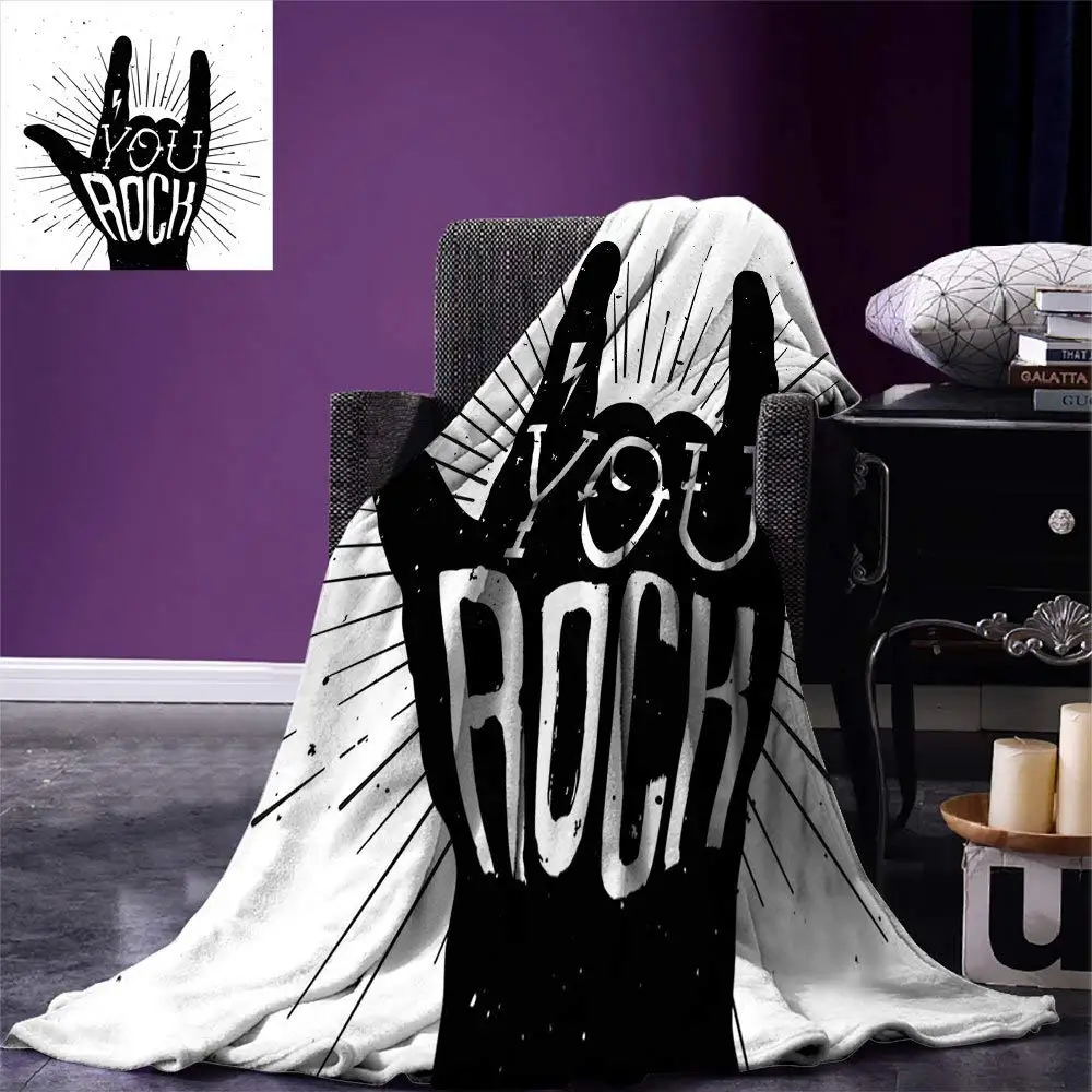 Rock Music Throw Blanket You Quote with Devil Symbol and Abstract Lines Monochrome Tattoo Pattern Fleece Blankets for Beds | Дом и сад