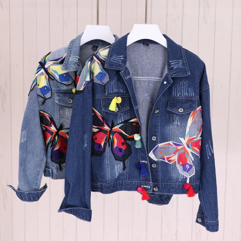 Colorful Butterfly Embroidery Ladies Jean Jackets Patch Designs Womens