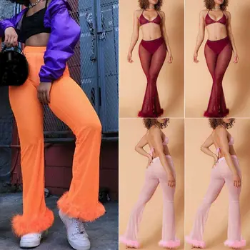 

Sexy Fashion Women Long Sheer Feather Beach Cover Ups High Waist Pants See-through Casual Wide Leg Sheer Pants
