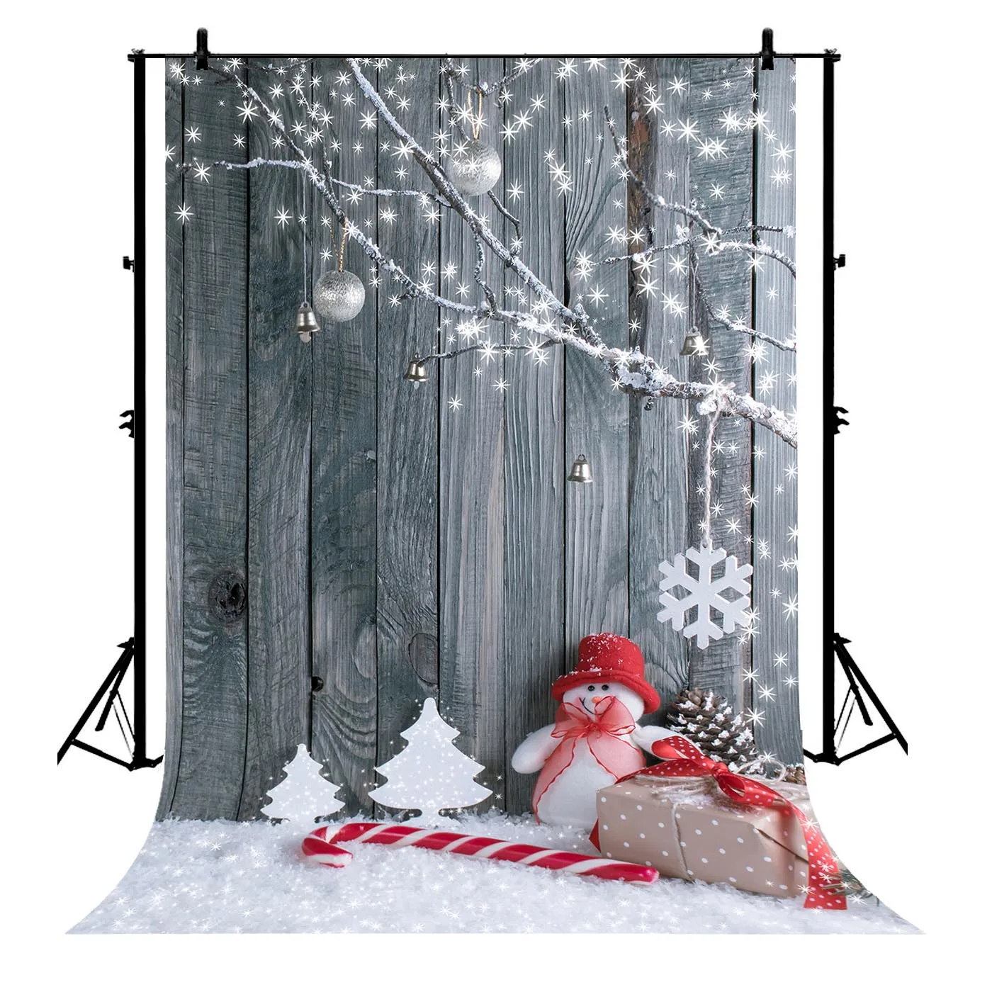

5x7ft Christmas Xmas Snowman Gifts Balls Jingle Bell Wood Plank Polyester Photo Background Portrait Backdrop