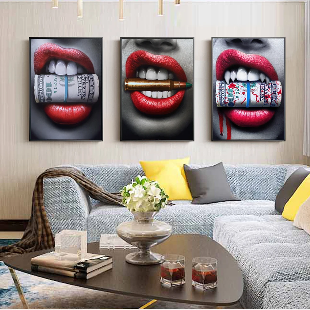 Сексуальные кровоточащие красные губы настенные художественные принты на холсте Современные губы с пулями и денежными бумагами картины на холсте Куадрос фотографии настенные декорации