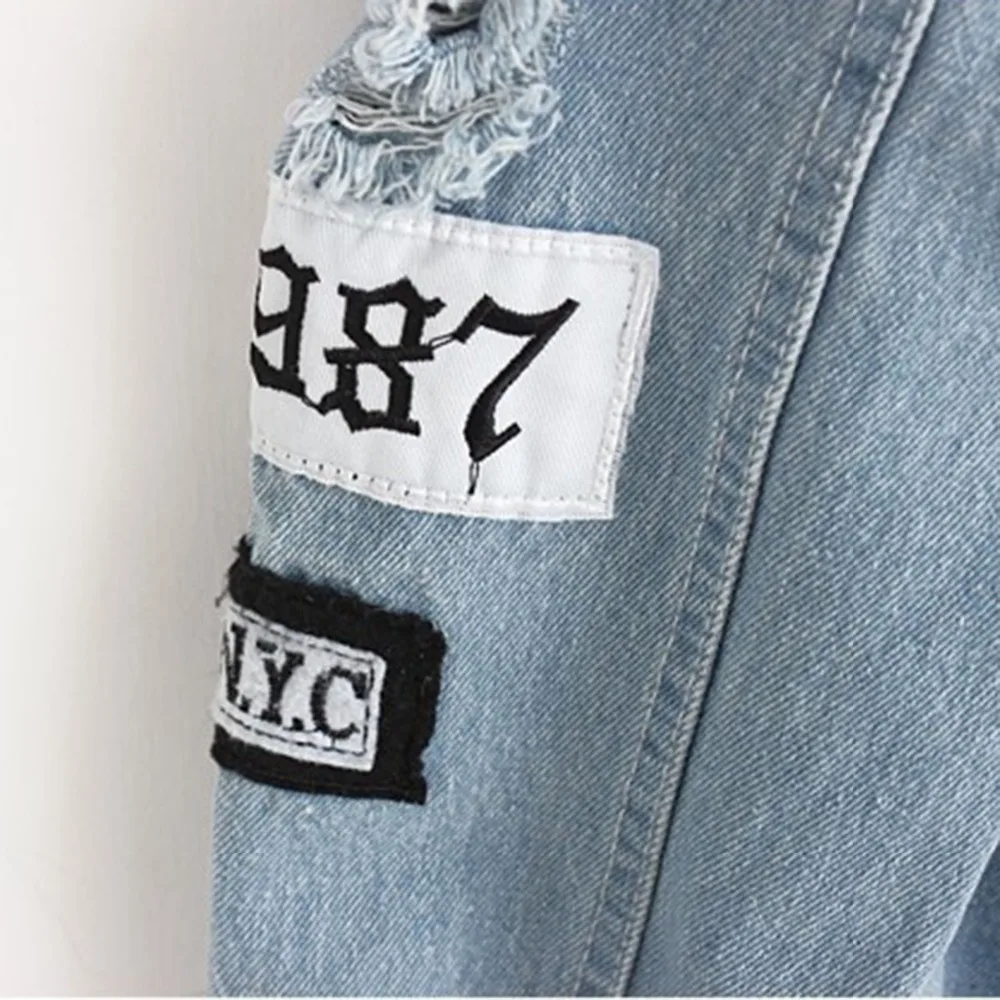 Women Frayed Denim Bomber Jacket Appliques Print Where Is My Mind Lady Vintage Elegant Outwear Autumn Fashion Coats