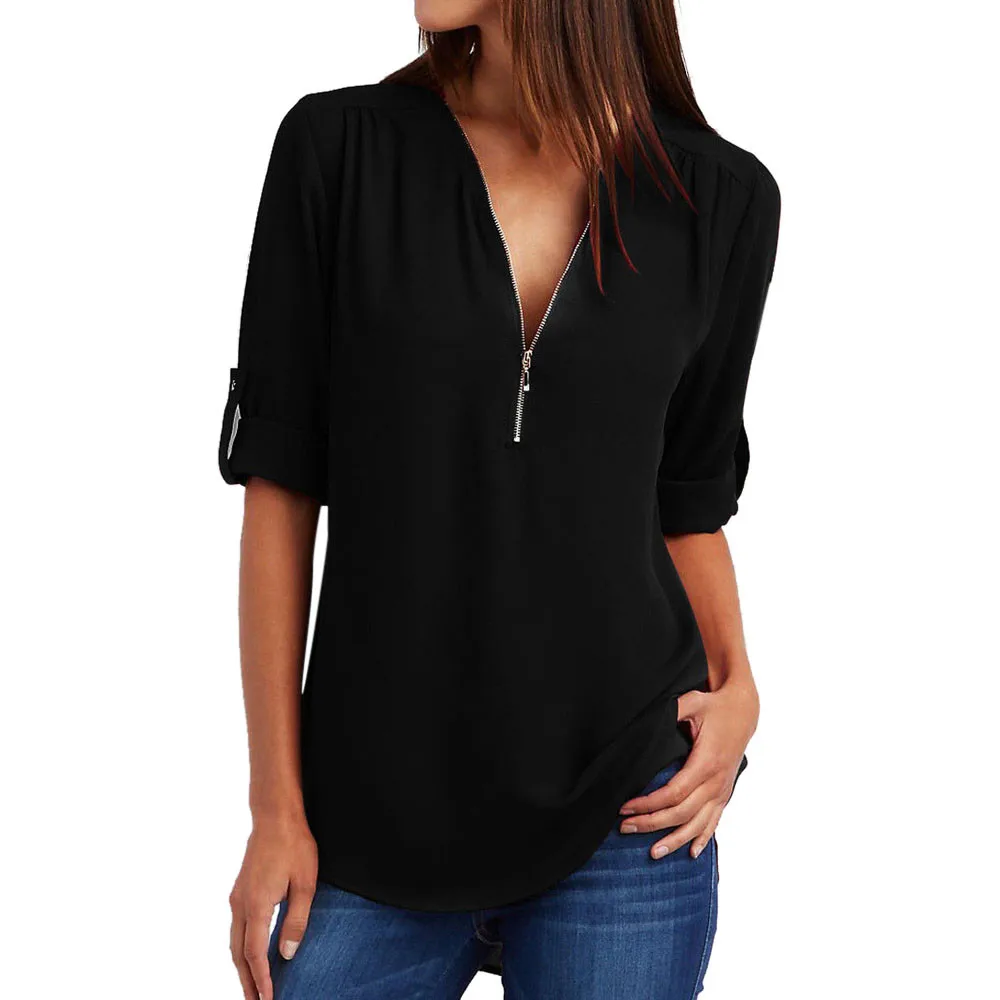 Plus Size XL Solid Front Zipper Long Sleeve Blouse Shirt Women Autumn 2018 Sexy V Neck Tunic
